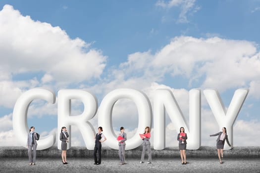 Concept of partner, friends,collaborate with group of business people stand with 3d text.
