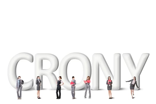Concept of partner, friends,collaborate with group of business people stand with 3d text.