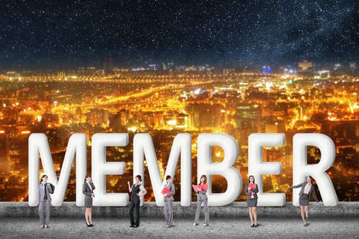 Concept of partner, friends,collaborate with group of business people stand with 3d text.