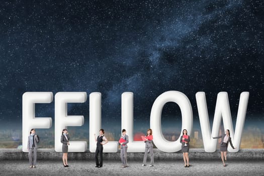 Concept of partner, friends,collaborate with group of business people stand with 3d text.