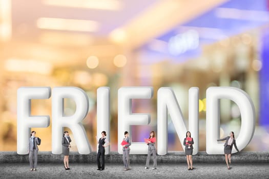 Concept of partner, friends,collaborate with group of business people stand with 3d text.