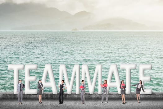 Concept of partner, friends,collaborate with group of business people stand with 3d text.