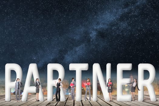 Concept of partner, friends,collaborate with group of business people stand with 3d text.