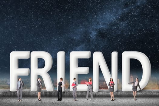 Concept of partner, friends,collaborate with group of business people stand with 3d text.