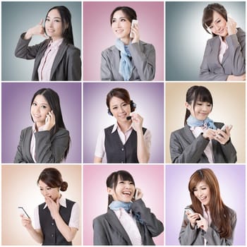 Collection of Asian business woman talk and listen, concept about connect, social media, group, speak etc.