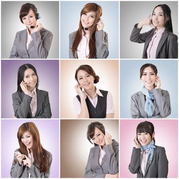 Collection of Asian business woman talk and listen, concept about connect, social media, group, speak etc.