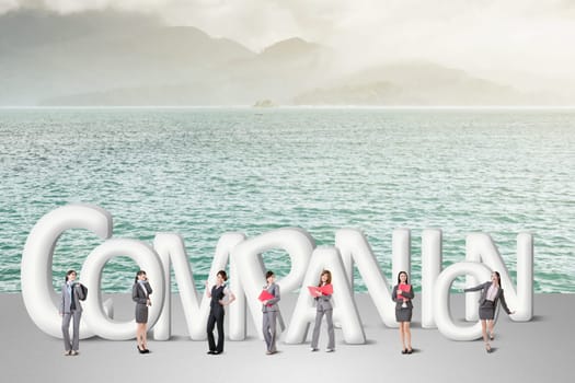 Concept of partner, friends,collaborate with group of business people stand with 3d text.