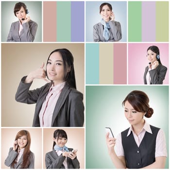 Collection of Asian business woman talk and listen, concept about connect, social media, group, speak etc.