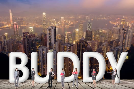 Concept of partner, friends,collaborate with group of business people stand with 3d text.