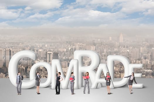 Concept of partner, friends,collaborate with group of business people stand with 3d text.