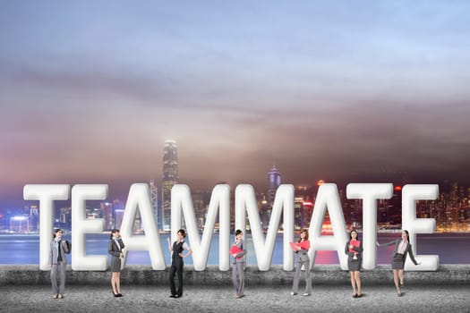 Concept of partner, friends,collaborate with group of business people stand with 3d text.
