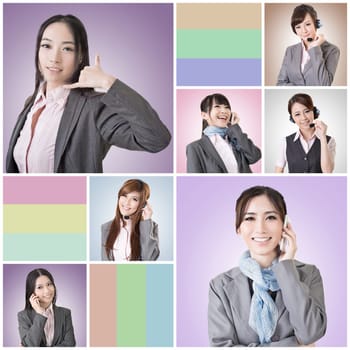 Collection of Asian business woman talk and listen, concept about connect, social media, group, speak etc.
