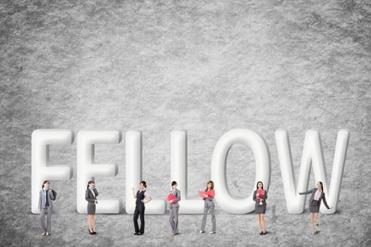 Concept of partner, friends,collaborate with group of business people stand with 3d text.