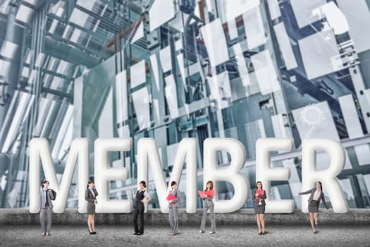 Concept of partner, friends,collaborate with group of business people stand with 3d text.