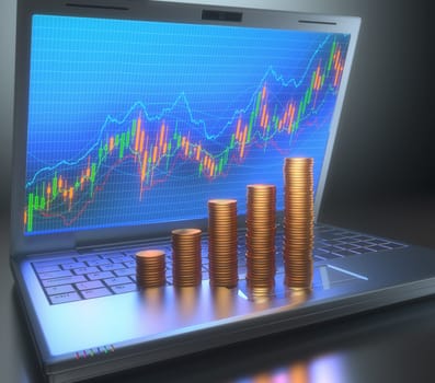 Stock Chart on the laptop screen and gold coins on the keyboard forming a growing chart.
