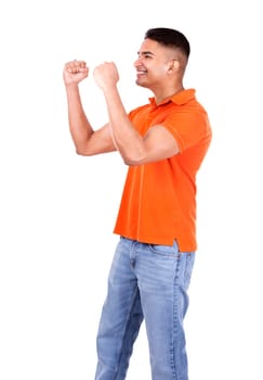 young casual man wearing orange tshirt on white isolated background