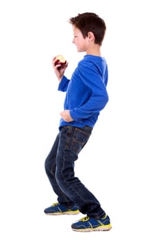six years old boy wearing blue outfit on white background