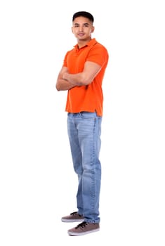 young casual man wearing orange tshirt on white isolated background