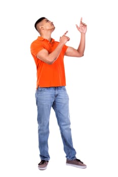 young casual man wearing orange tshirt on white isolated background