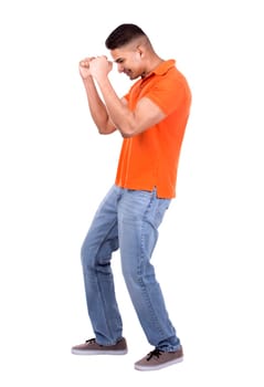 young casual man wearing orange tshirt on white isolated background