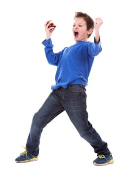 six years old boy wearing blue outfit on white background
