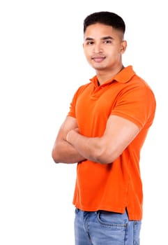 young casual man wearing orange tshirt on white isolated background