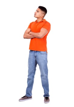 young casual man wearing orange tshirt on white isolated background