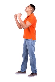 young casual man wearing orange tshirt on white isolated background