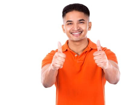 young casual man wearing orange tshirt on white isolated background