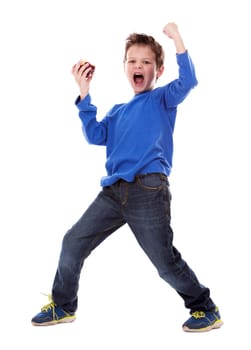 six years old boy wearing blue outfit on white background