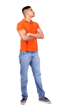 young casual man wearing orange tshirt on white isolated background