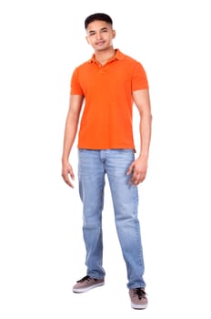 young casual man wearing orange tshirt on white isolated background