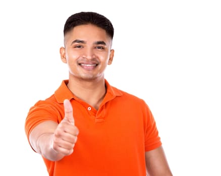 young casual man wearing orange tshirt on white isolated background