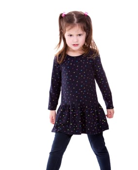 four years old girl wearing blue outfit on white background