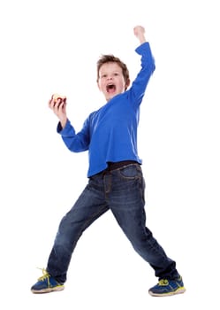 six years old boy wearing blue outfit on white background