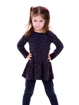 four years old girl wearing blue outfit on white background