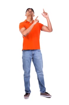 young casual man wearing orange tshirt on white isolated background