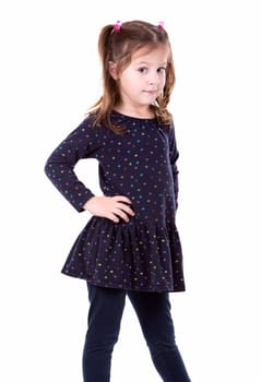 four years old girl wearing blue outfit on white background