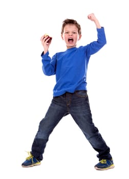 six years old boy wearing blue outfit on white background
