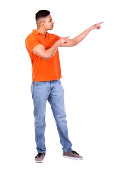 young casual man wearing orange tshirt on white isolated background