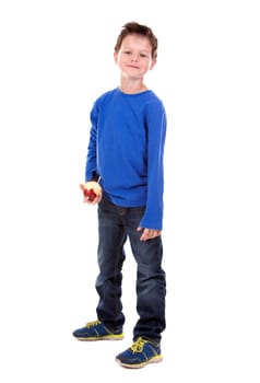 six years old boy wearing blue outfit on white background
