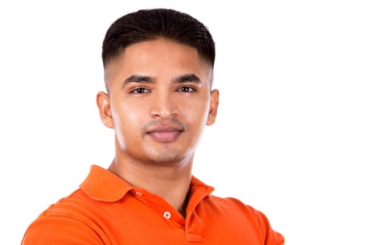 young casual man wearing orange tshirt on white isolated background