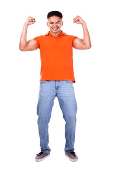 young casual man wearing orange tshirt on white isolated background