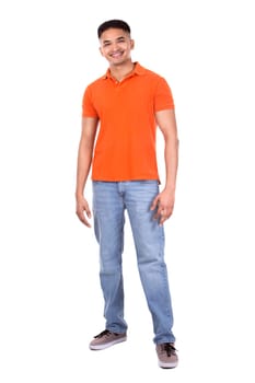 young casual man wearing orange tshirt on white isolated background