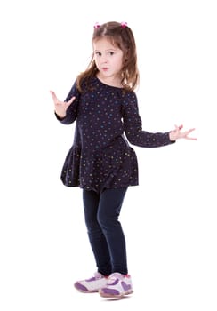 four years old girl wearing blue outfit on white background