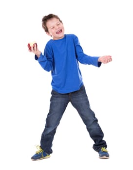 six years old boy wearing blue outfit on white background