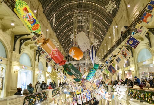 Moscow, Russia - January 05, 2016: New Year's interior in GUM