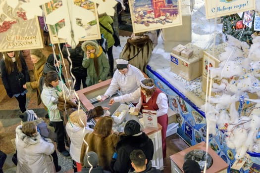 Moscow, Russia - January 05, 2016: Running buffet for ice cream sales in GUM during the Christmas holidays