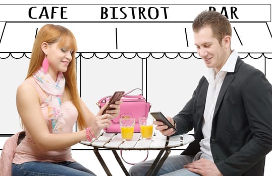 Two happy friends with smart phones in a coffee shop terrace