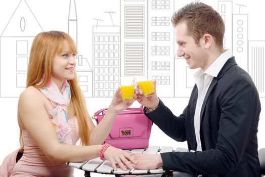 happy young couple drinking orange juice, city drawing background
